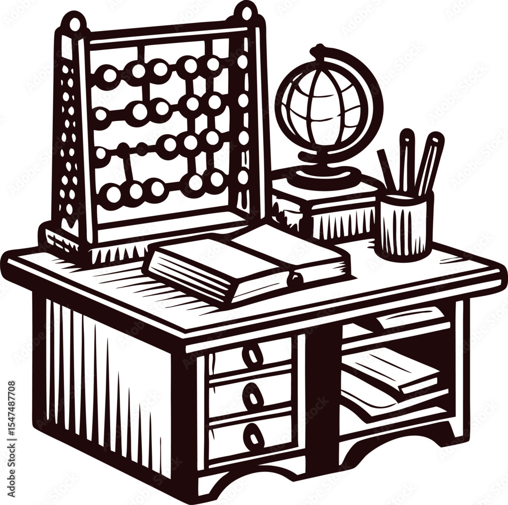 Vintage classroom desk with abacus, globe, open book, pencils, and stacked notebooks illustration