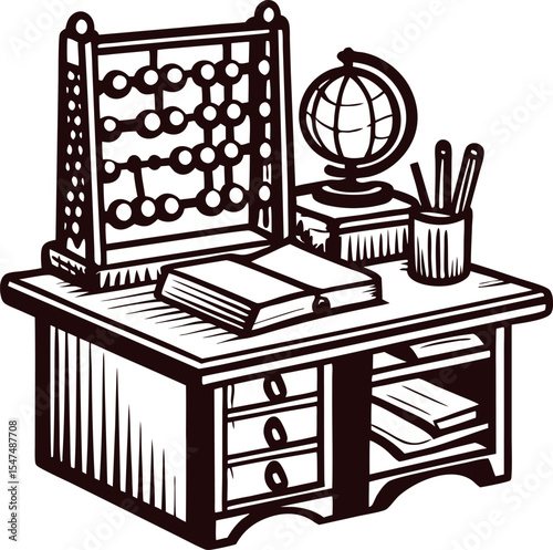 Vintage classroom desk with abacus, globe, open book, pencils, and stacked notebooks illustration