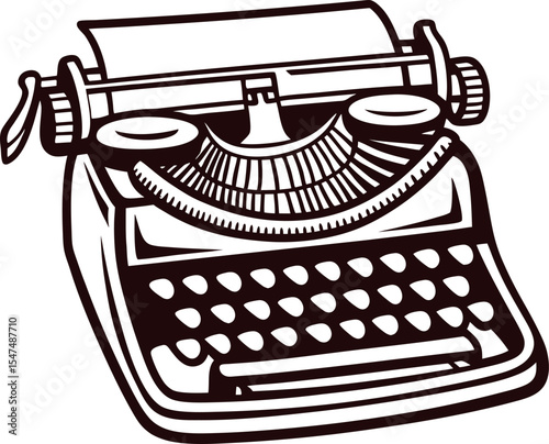 Retro manual typewriter illustration with paper sheet vintage writer tool in classic ink drawing