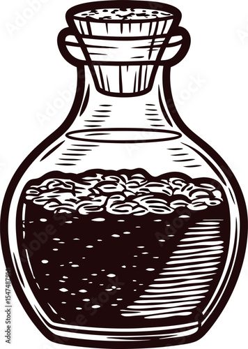 Hand drawn vintage glass bottle with cork stopper and liquid retro engraving illustration