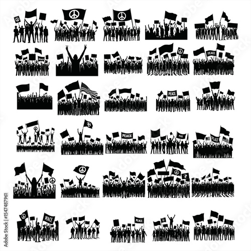 Group of people protesters vector silhouette illustration isolated. Man hand holding sign. Empty banner plate. Blank protest flag. Political agitation campaign. Demonstration social laborers rights