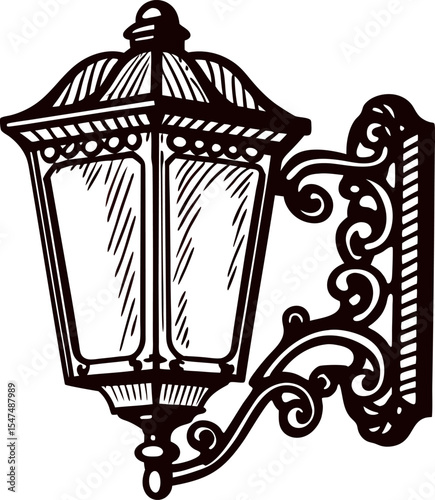 Vintage wrought iron wall mounted lantern illustration with ornate details and classic glass panels in retro engraving