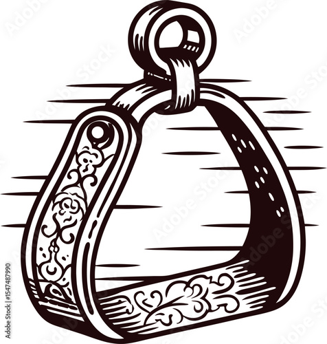 Hand drawn ornate metal stirrup with floral engraving isolated on white background, vintage sketch illustration