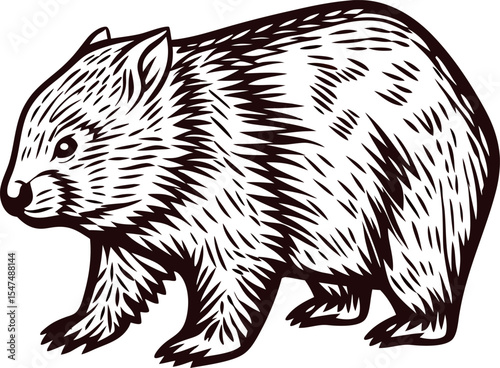 Hand drawn illustration of a wombat in vintage engraved etching isolated on white background