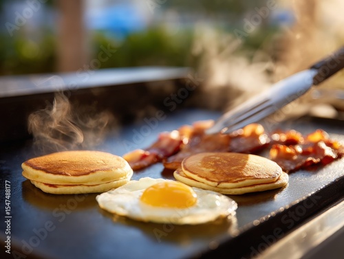 Wallpaper Mural Griddle breakfast on Blackstone grill with eggs bacon and pancakes sizzling outdoors , Selective Focus Torontodigital.ca
