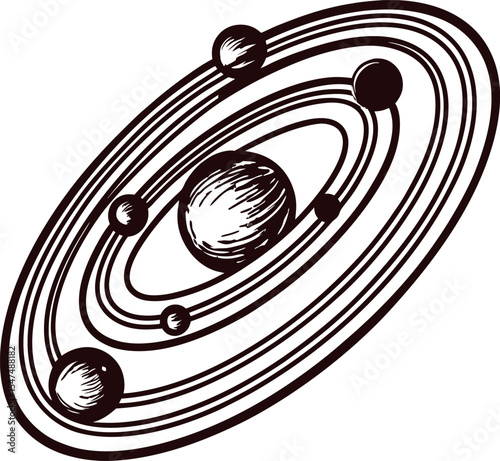 Vintage hand drawn planetary system illustration with elliptical orbits and celestial bodies in monochrome sketch