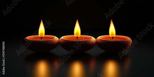 Vector illustration of the one Indian oil lamps with burning flames on a black background with bokhe for the happy Diwali festival celebration, symbolizing light and spiritual meaning. 