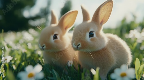 Two Adorable Baby Rabbits in a Flower Meadow, bunny, bunnies, young rabbit, young rabbits, cute