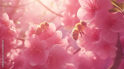 Bees Pollinating Pink Blossoms in Spring Sunlight, honeybee, honeybees, pollination, flowers, bloom