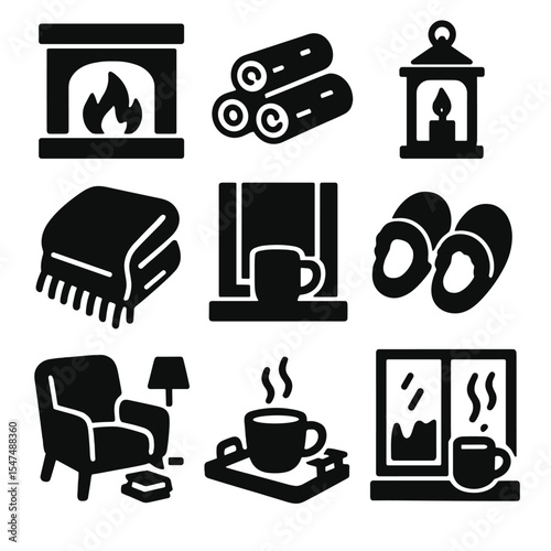Cozy Home Icons. Solid style icons of cozy home scenes: fireplace with flames, log pile icon, candle lantern, cozy blanket, mug on