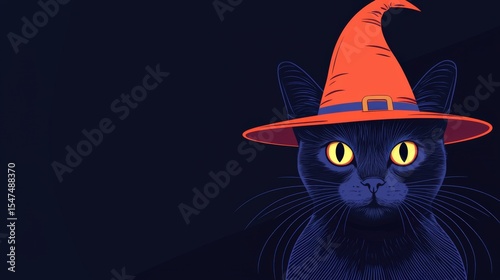 Witch's hat on a black cat, glowing eyes in the dark, flat design illustration. copy space for text, focus cover all object, deep dept of field