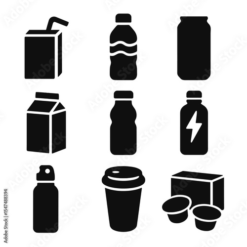 Drink Packaging Icons. Solid style icons of drink packaging: juice box with straw, bottled water icon, soda can silhouette, milk