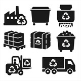 Industrial Recycling Icons. Solid style icons of industrial and bulk recycling: factory recycling icon, industrial bin, pallet