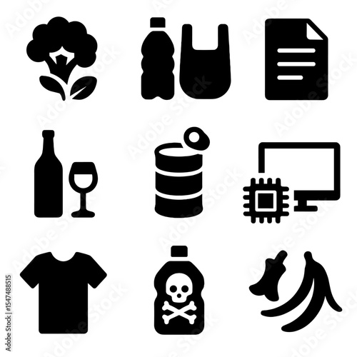 Waste Sorting Icons. Solid style icons of waste sorting categories: organic waste, plastic waste, paper waste, glass waste, metal