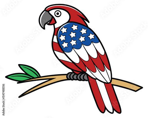 Patriotic american parrot sitting on a branch depicting united states flag colors in vector illustration.