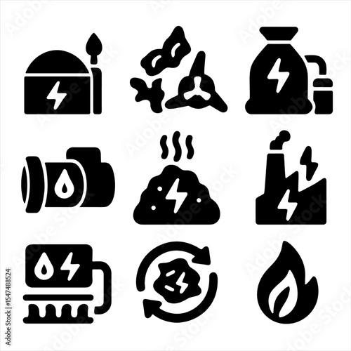 Green Energy Icons. Solid style icons of green energy from waste: biogas plant, waste-to-energy turbine, methane capture system,