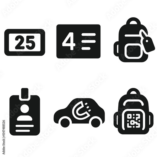 School Transportation Icons. Solid vector icons of transportation identification: school bus number tag, assigned seat number, bus