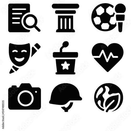 Journalism Icons Collection. Solid style icons of types of journalism taught: investigative icon, editorial column icon, sports