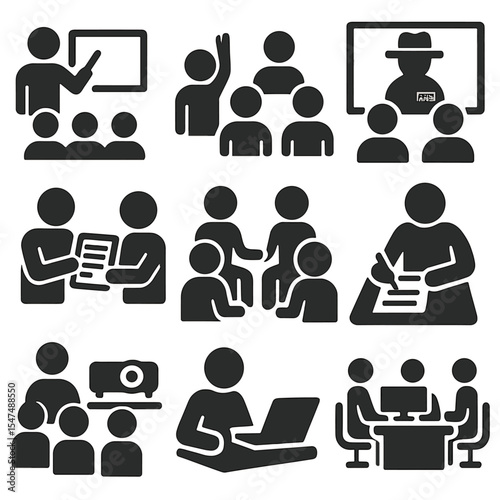 Journalism Classroom Icons. Solid style icons of journalism classroom scenes: instructor at whiteboard, student raising hand,