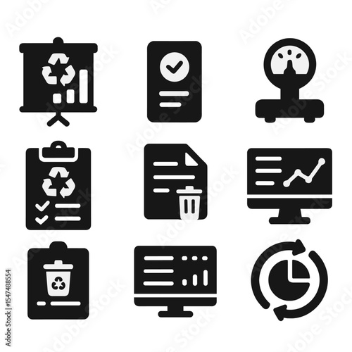 Recycling Metrics Icons. Solid vector icons of data and metrics in recycling: recycling rate chart, diversion score, impact