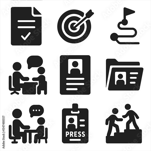Journalism Career Icons. Solid style icons of journalism career planning: internship document, career goal chart, media career
