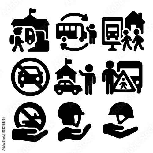 Transport Event Icons. Solid vector icons of transport events and campaigns: back-to-school transport day, school bus safety week