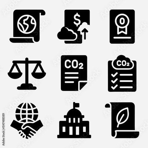 Carbon Policy Icons. Solid vector icons of policy and regulation around carbon: climate agreement scroll, emission tax icon,