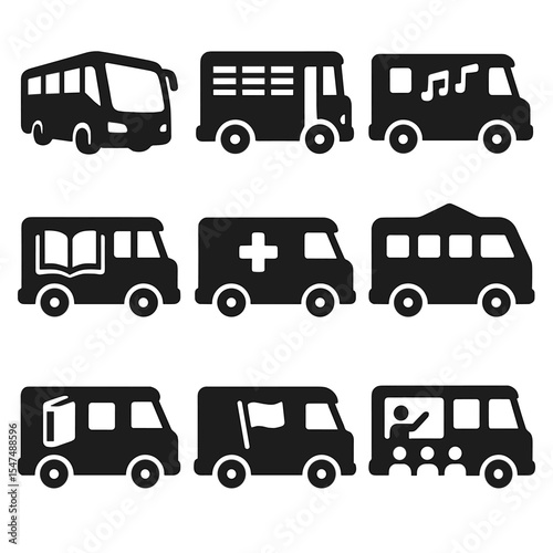 Bus Types Icons. Solid vector icons of bus types by purpose: tour bus, prison transport bus, party bus, mobile library bus,