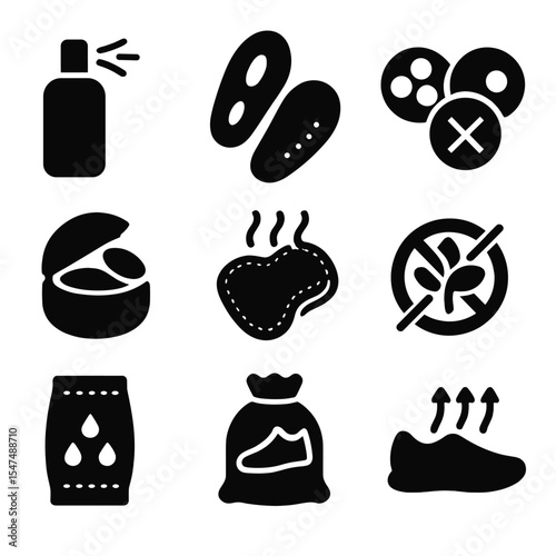 Shoe Odor Solutions. Solid vector icons of shoe odor management: odor spray, charcoal insert, deodorizing ball, air freshener pod,