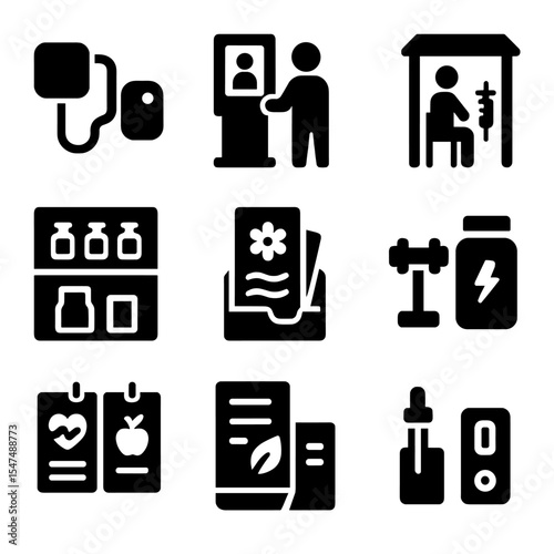 Health and Wellness Icons. Solid style icons of health and wellness zones: blood pressure machine, self-check kiosk, vaccination