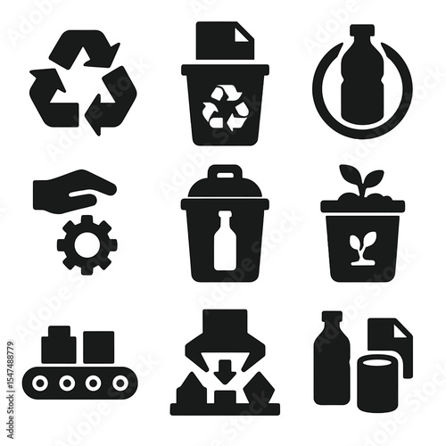 Recycling Icons Collection. Solid style icons of recycling processes: recycling symbol, paper recycling bin, plastic recycling