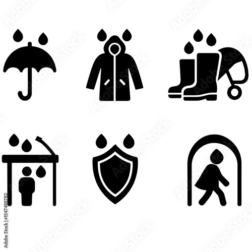 Rain Protection Icons. Solid vector icons of rain protection: umbrella, raincoat, waterproof boots, rain cover, windshield wiper,