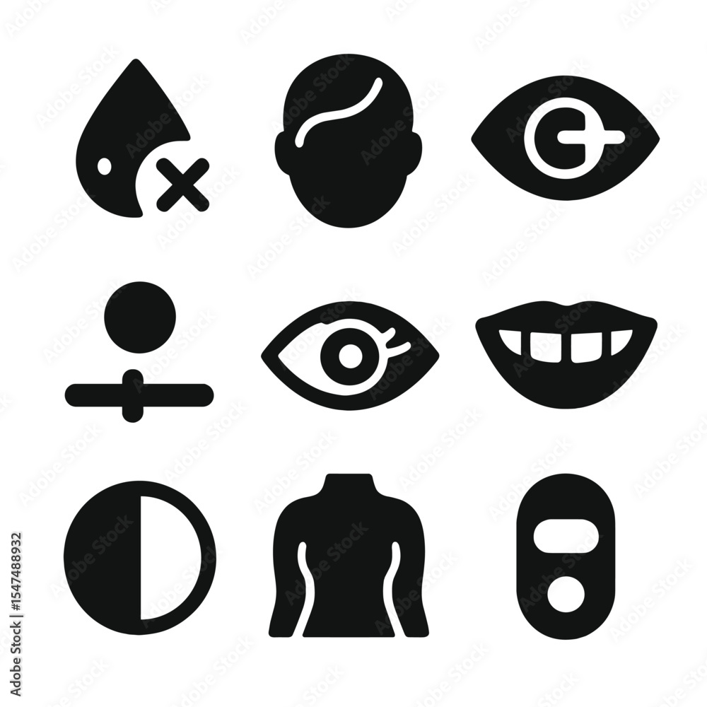 Retouching Tools Icons. Solid style icons of retouching features: blemish removal tool, face smooth icon, red eye fix, skin tone