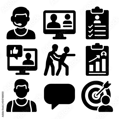 Home Training Icons. Solid style icons of personal training at home: coach with headset, one-on-one screen, personalized plan icon