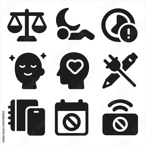 Burnout Prevention Icons. Solid style icons of creator burnout prevention: balance scale, rest mode icon, take-a-break alert,