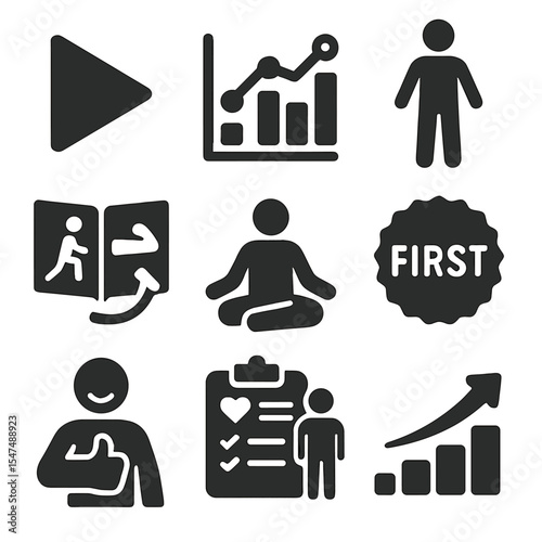 Beginner Workout Icons. Solid style icons of beginner home workouts: start icon, easy level chart, no-weight icon, step-by-step