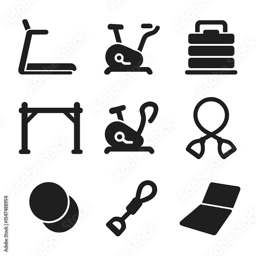 Space-Saving Fitness Equipment. Solid style icons of space-saving equipment: folding treadmill, under-desk bike, stackable weights