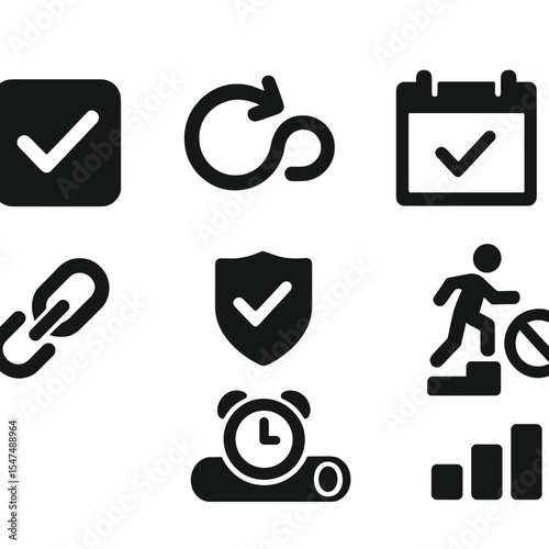 Consistency Habit Icons. Solid style icons of consistency habits: daily checkmark, repeat icon, routine loop, calendar streak icon