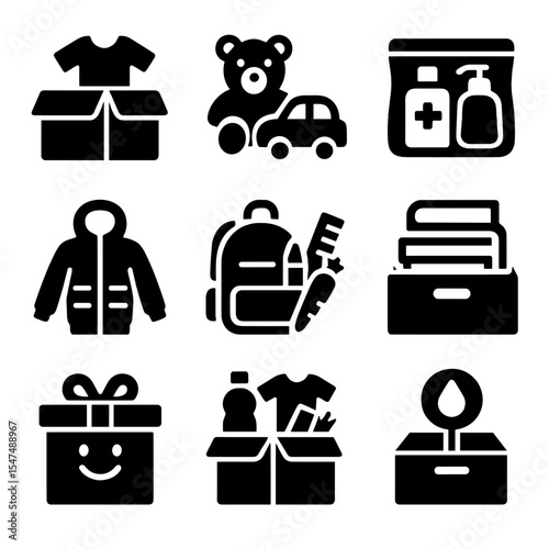 Donation Drive Icons. Solid style icons of donation drives: clothing box icon, toy collection, hygiene kit donation, winter coat