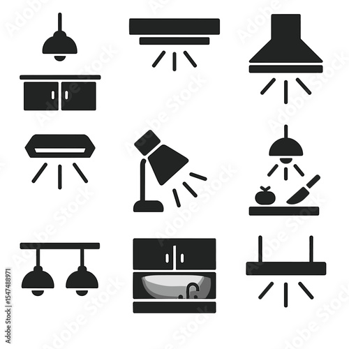 Kitchen Lighting Icons. Solid style icons of kitchen lighting: pendant over island, under-cabinet strip, stove hood light, ceiling