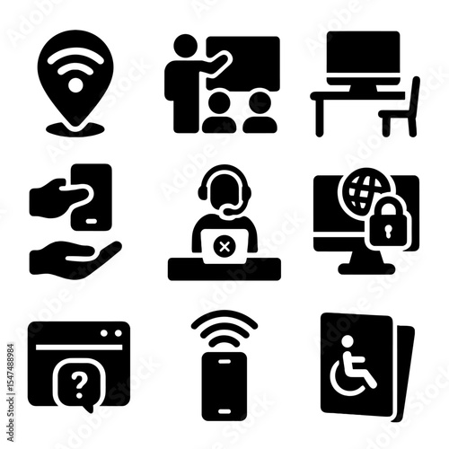 Digital Access Icons. Solid style icons of digital access projects: free Wi-Fi point, tech literacy class, public computer station