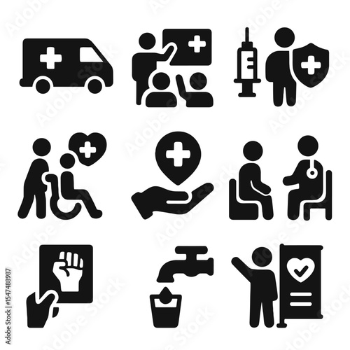 Health Equity Icons. Solid style icons of health equity efforts: mobile clinic van, health workshop icon, vaccine outreach,