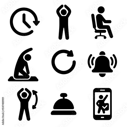 Stretch Break Icons. Solid style icons of stretch breaks: short break clock, standing stretch, desk-side mobility, mid-day mat,