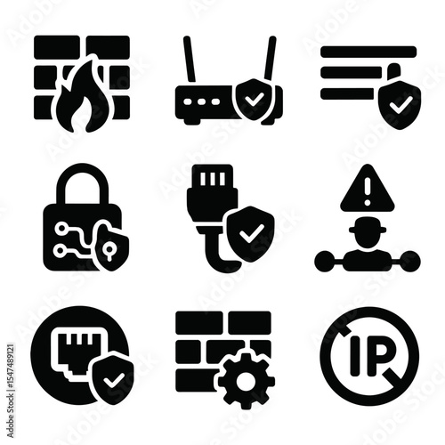 Firewall Security Icons. Solid style icons of firewall and network security: wall with fire icon, secure router symbol, traffic