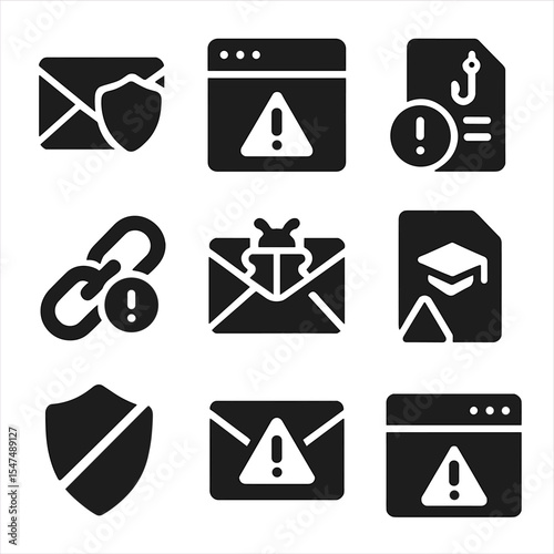 Phishing Prevention Icons. Solid style icons of phishing prevention: email with shield, fake website alert, phishing report icon,