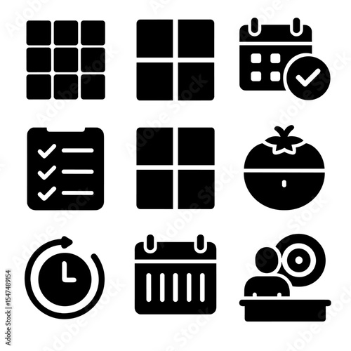 Time Management Icons. Solid style icons of time management habits: time-blocking grid, priority quadrant, schedule with check,