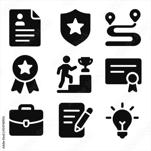 Career Icons Collection. Solid style icons of career goals: resume improvement icon, skill up badge, career roadmap icon, job