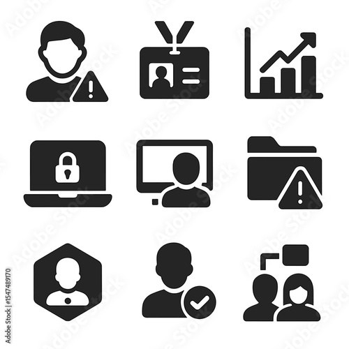 Insider Threat Icons. Solid style icons of insider threat management: employee profile with alert, access control badge, behavior