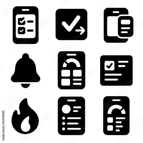 Digital Habit Icons. Solid style icons of digital habit apps: app interface icon, swipe for check, mobile habit card, notification