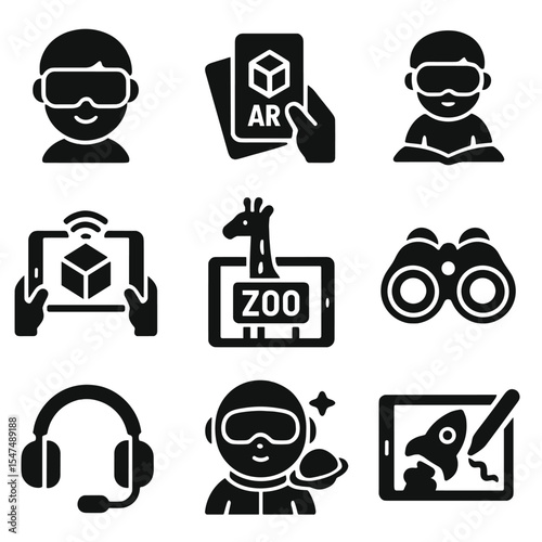 Kids AR_VR Gadgets Icons. Solid style icons of AR/VR kids gadgets: VR goggles for kids, AR card game, immersive learning icon,